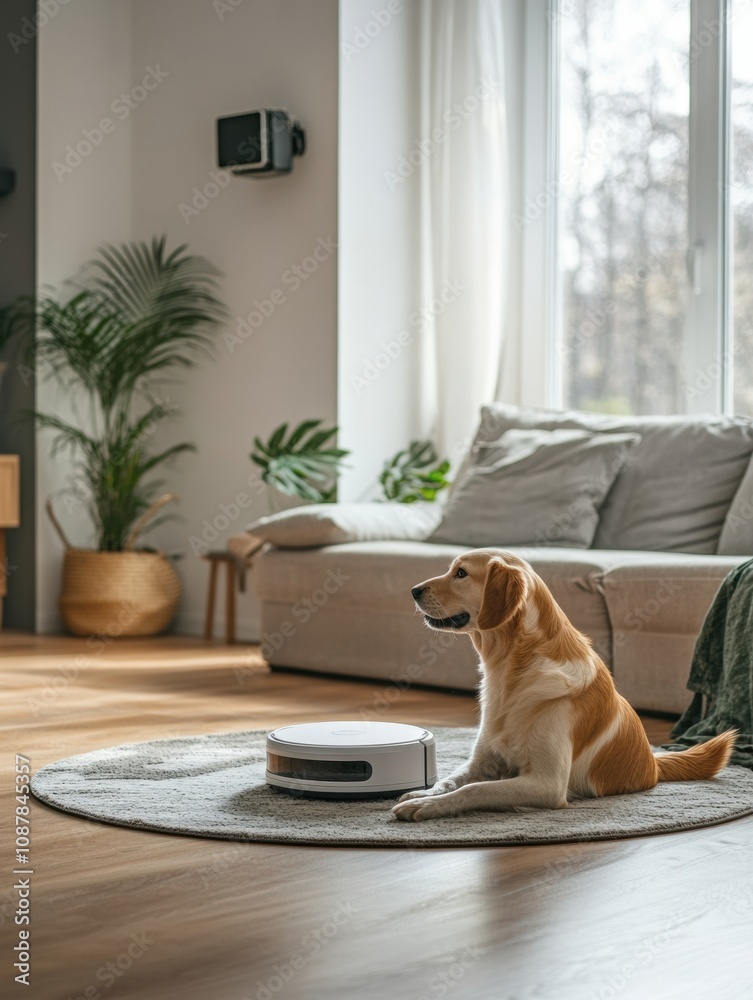 Poster a cozy living room features a golden retriever sitting next to a smart feeding station on a soft rug