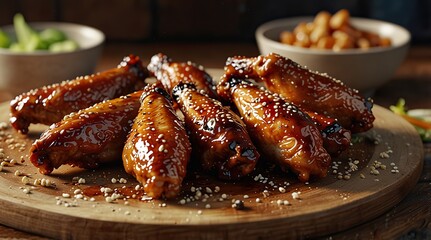 BBQ chicken wings with sticky glaze and sesame seeds