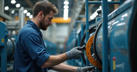 A dedicated worker carefully adjusts a piece of machinery in a bustling factory, ensuring that everything meets the required quality standards during the busy daytime hours