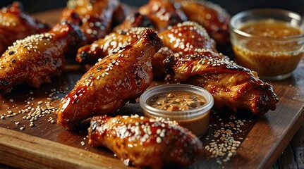 BBQ chicken wings with sticky glaze and sesame seeds