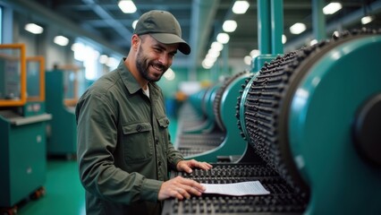 A man in work attire smiles while checking paperwork beside large industrial machinery in a well-lit manufacturing environment, showcasing a productive atmosphere