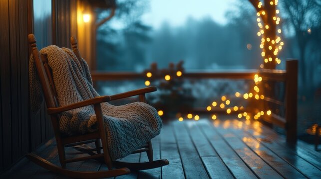 Rocking chair with knitted blanket on rustic porch