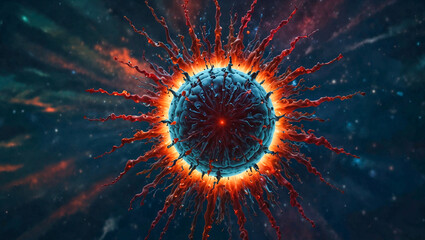 Fantasy depiction of a giant virus in the sky. Microbiology and virology concept. Pandemic and healthcare idea. Copy space.