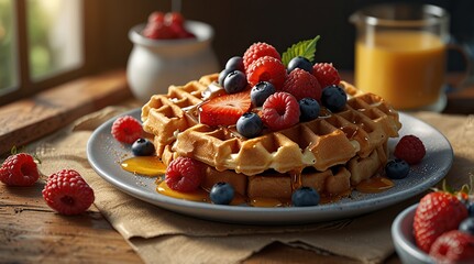 Crispy Belgian waffles drizzled with honey and topped with fresh berries