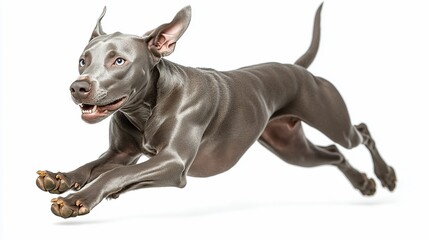 A sleek, gray dog joyfully running, capturing motion and energy.