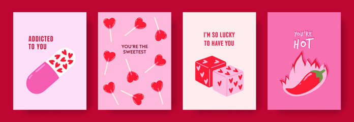 Hand drawn greeting cards set of Valentines Day and Love with typography. Cartoon design with romantic elements, heart shapes, lollypops, pill, dice. Vector concept for print, banner, invitation.