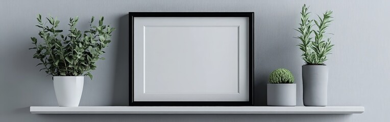 Blank minimalist picture frame on shelf with clean, modern interior design