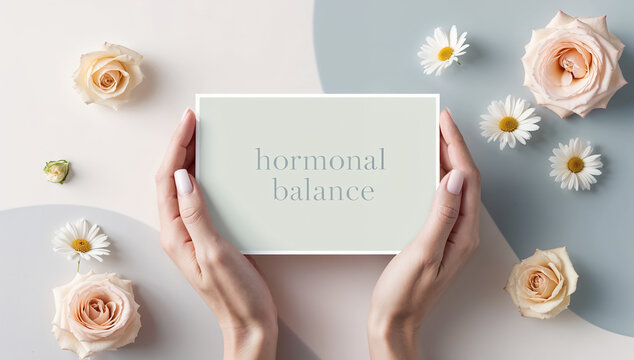 female hands with the inscription hormonal balance, flowers