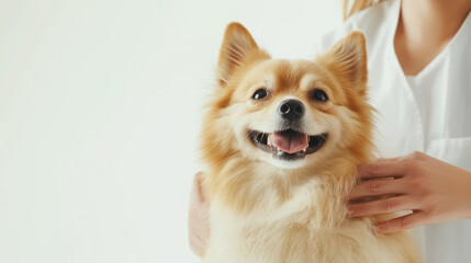 Happy dog being groomed by pet sitter in studio setting