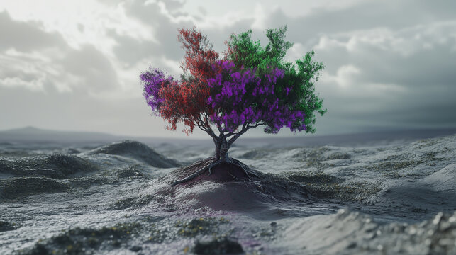 Beautiful rainbow coloured tree growing in a grey desert desolate wasteland. Concept of resilience, hope, pride and overcoming prejudice for LGBTQ