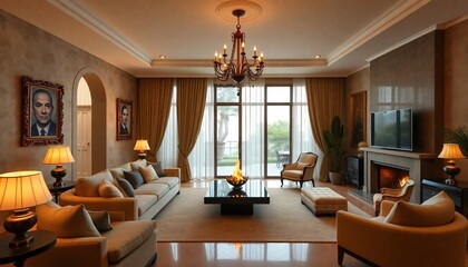 Fototapeta premium Modern living room interior with fireplace, featuring comfortable seating, stylish decor, and large windows
