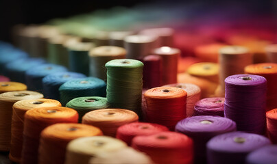 Close-up of spools of yarn with rich rainbow hues.