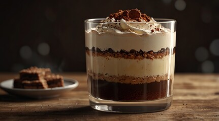 Layered tiramisu in a glass cup with cocoa dusting on top