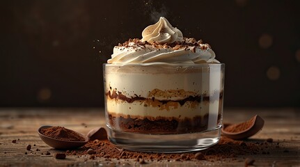 Layered tiramisu in a glass cup with cocoa dusting on top