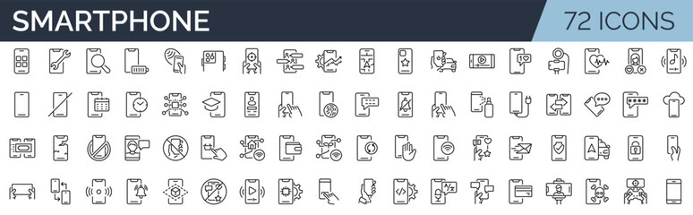 Set of 72 outline icons related to smartphone. Linear icon collection. Editable stroke. Vector illustration	