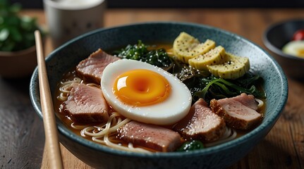 Ramen bowl with steaming broth