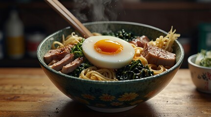 Ramen bowl with steaming broth