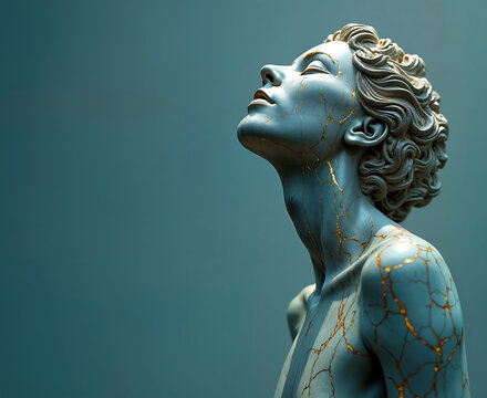 Portrait statue de femme kintsugi avec craquelures, se lib&eacute;rer de ses probl&egrave;mes, th&eacute;rapie et sant&eacute;, psychologie