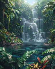 Naklejka premium A Picturesque Waterfall in a Tropical Jungle, Surrounded by Lush Greenery and Cascading Waters Into a Crystal-Clear Pool