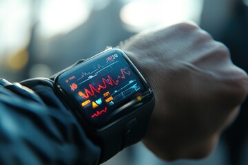 Close up of a man's wrist wearing a smartwatch that displays heart rate data.