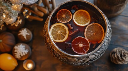 Fototapeta premium Close up of mulled wine with citrus slices, surrounded by handmade wooden holiday decorations