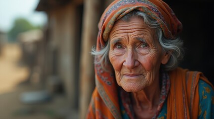 Obraz premium Close-up of an Elderly Woman with Green Eyes and a Colorful Scarf in a Rural Setting