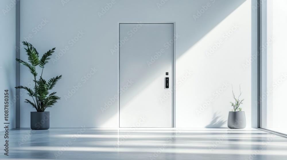 Poster the entrance showcases a sleek design with smart security features including cameras and motion sens