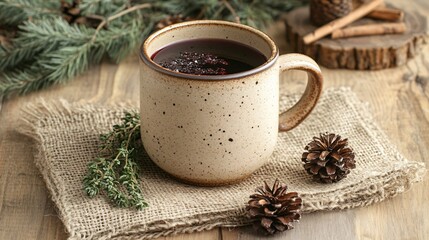 Rustic mug of mulled wine styled with wooden holiday ornaments and a sprig of fresh thyme on a burlap cloth