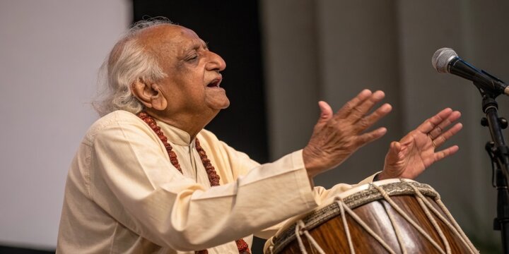 Elderly musician playing traditional mridangam, a double sided barrel shaped drum, during a captivating performance, showcasing rich cultural heritage and musical talent