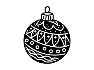 Black and white Christmas ball with intricate pattern isolated on white background. Holiday decoration, festive winter design, traditional Christmas ornament, minimalist style, craft template