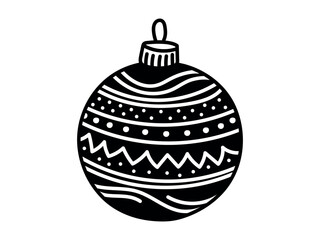Black and white Christmas ball with intricate pattern isolated on white background. Holiday decoration, festive winter design, traditional Christmas ornament, minimalist, craft coloring template