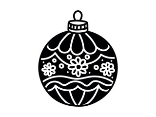 Black and white Christmas ball with intricate pattern isolated on white background. Holiday decoration, festive design, traditional Christmas ornament, minimalist style, craft coloring template