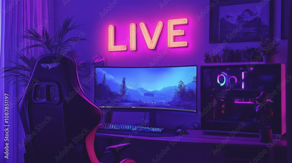Poster a vibrant gaming corner features a large curved monitor displaying a scenic landscape. soft purple l