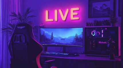 A vibrant gaming corner features a large curved monitor displaying a scenic landscape. Soft purple lighting creates an inviting atmosphere. A modern gaming chair is positioned in front of the desk.