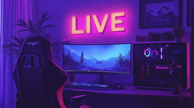 A vibrant gaming corner features a large curved monitor displaying a scenic landscape. Soft purple lighting creates an inviting atmosphere. A modern gaming chair is positioned in front of the desk.