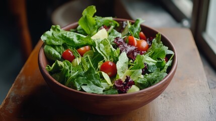 A wooden bowl filled with a fresh green salad with cherry tomatoes and a slice of avocado on a wooden table.
