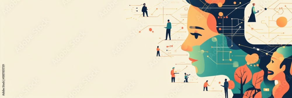 Poster Attendees connect and discuss ideas around an abstract AI system, exploring creativity and technology in a vibrant setting during an event. Generative AI