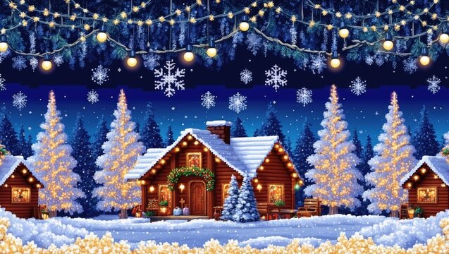 Gingerbread houses covered with snow in pixel art style, night