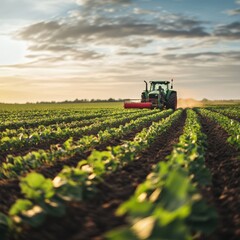 A green tractor cultivates a field of crops at sunset.
