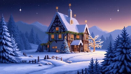 Wallpaper pixel art, retro styles christmas cottage in evening winter landscape