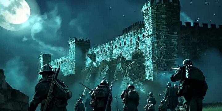Elite soldiers rescuing hostages from a castle tower under moonlight, 4K Video