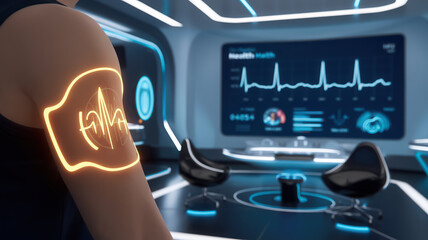 A futuristic healthcare setting showcasing a wearable health monitor displaying real-time heart rate data.