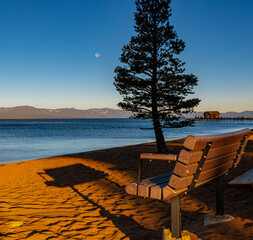 Bench on Nevada Beach at Sunrise,  Zephyr Cove, Tahoe, Nevada, USA
