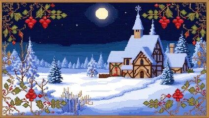 Wallpaper pixel art, retro styles christmas cottage in evening winter landscape