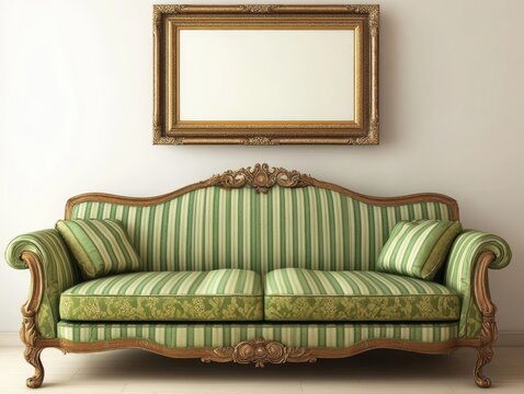Elegant Green Striped Sofa with Ornate Gold Frame