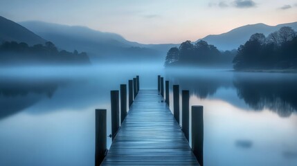 Naklejka premium A wooden pier extends out into a misty lake with mountains in the background.