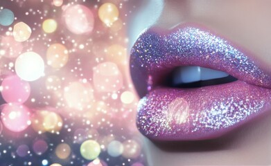 Close up of sparkling lips with shimmering glitter under colorful lights at a nighttime party