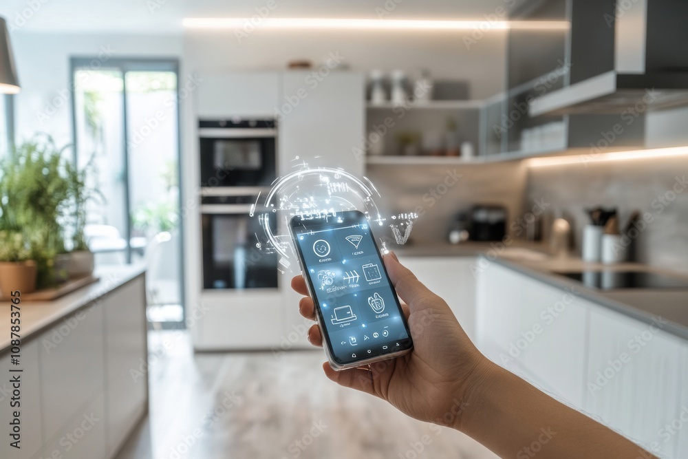 Poster a user interacts with a smart appliance in a contemporary kitchen, utilizing a smartphone for easy c
