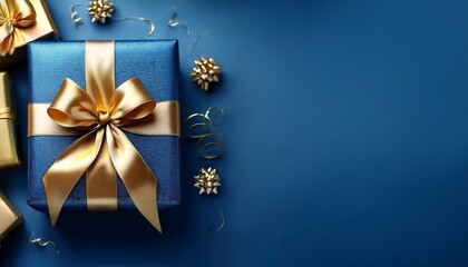 Generative AI illustration of blue and golden gifts with golden bows and ribbons placed on blue background