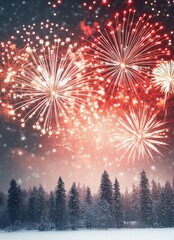 Colorful fireworks illuminate the winter night sky over a snowy landscape during a celebration